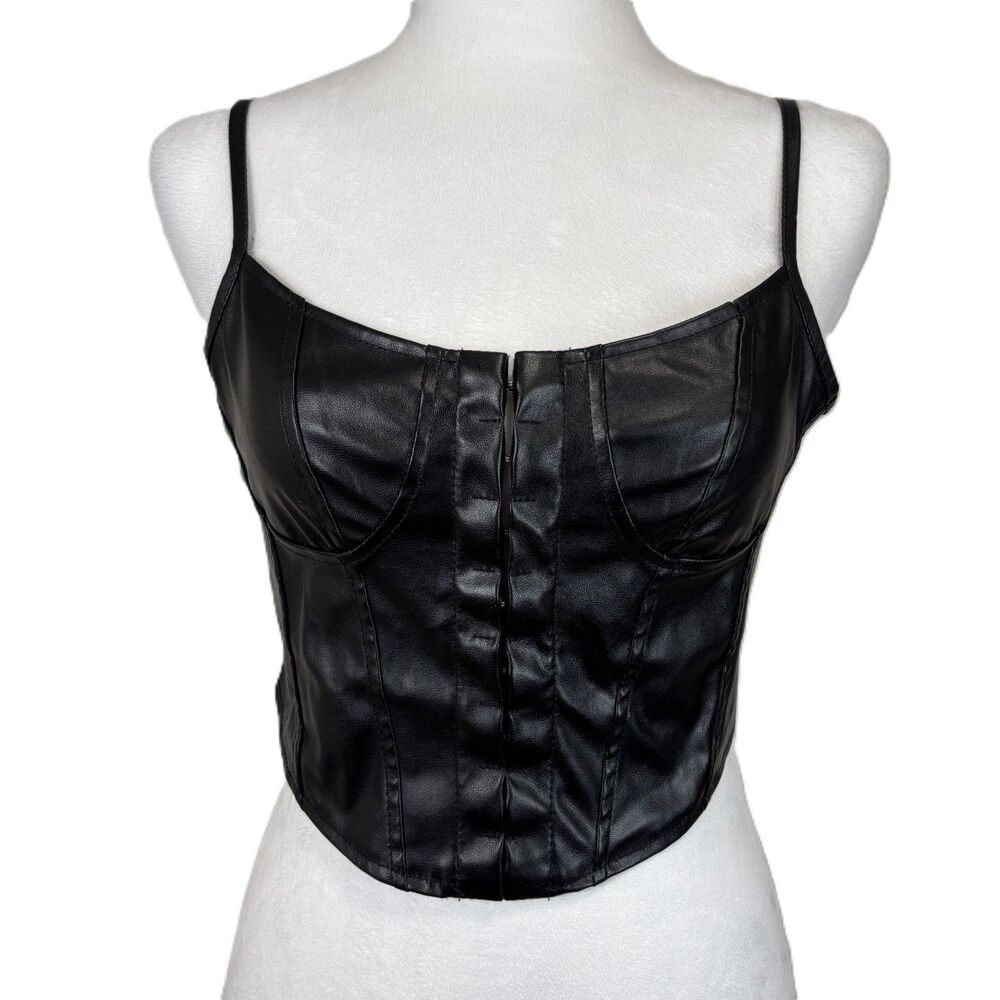 Corset‎ Bustier Top Black Faux Leather Hook Front Steampunk Punk Goth Sexy Sz S
